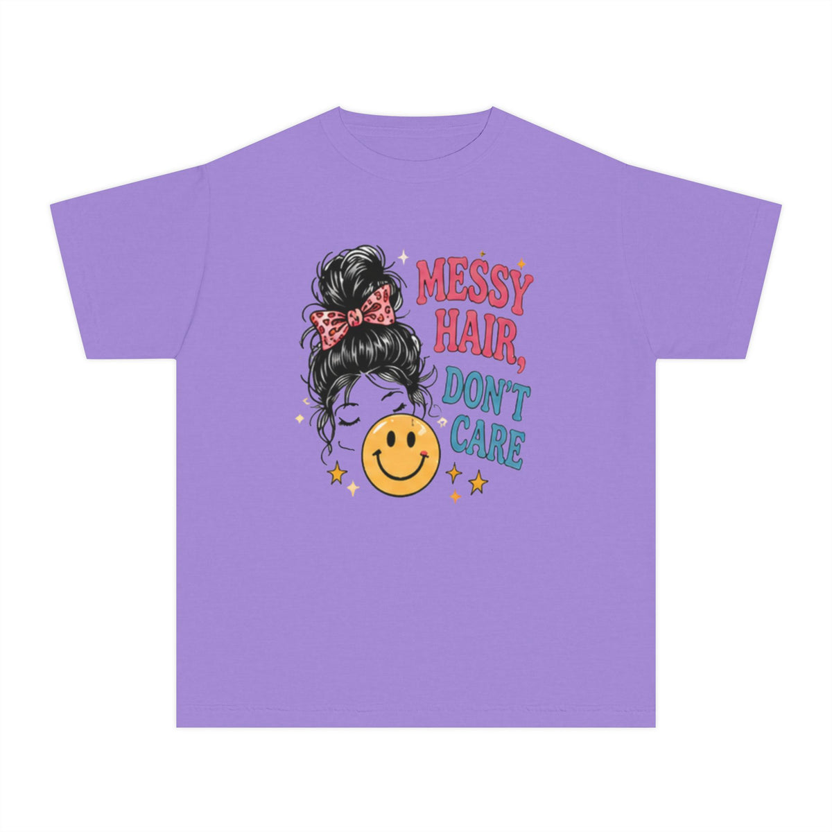 Youth Tee - "Messy Hair, Don’t Care" Smiley Graphic