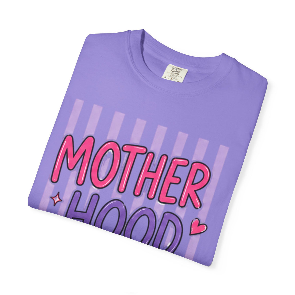Motherhood Graphic T-Shirt — Cute Striped Mom Tee ("Mother Hood")