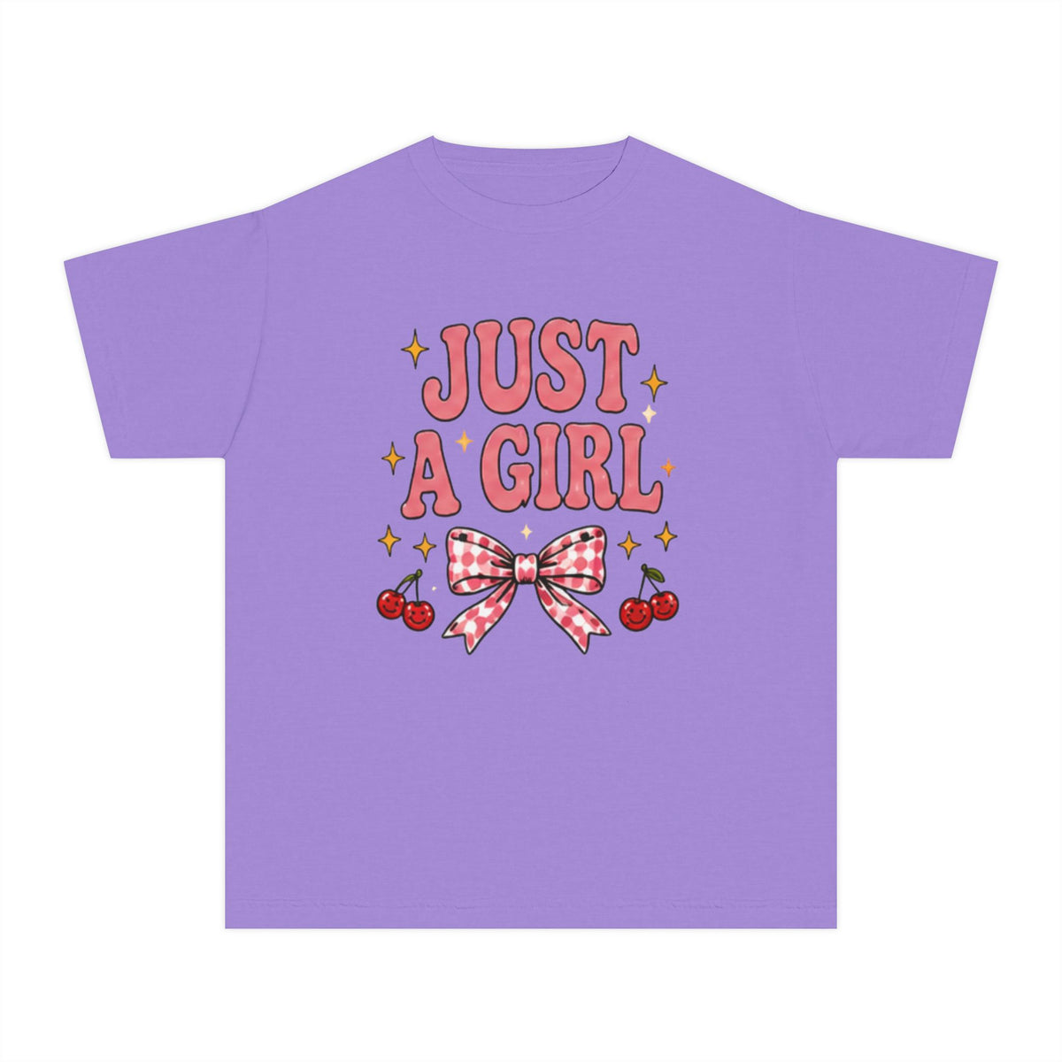 Youth Tee - "Just a Girl" Pink Bow & Cherries Graphic