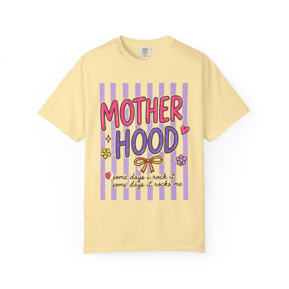 Motherhood Graphic T-Shirt — Cute Striped Mom Tee ("Mother Hood")