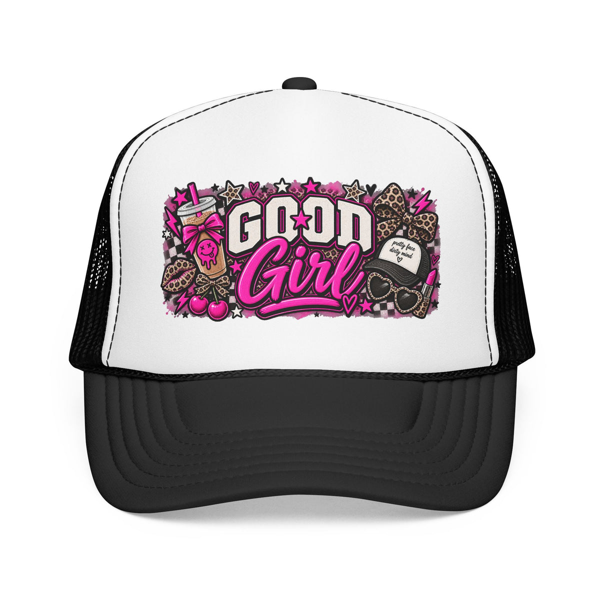 Good Girl Foam Trucker Hat — Pink Skull & Leopard Patch Cap