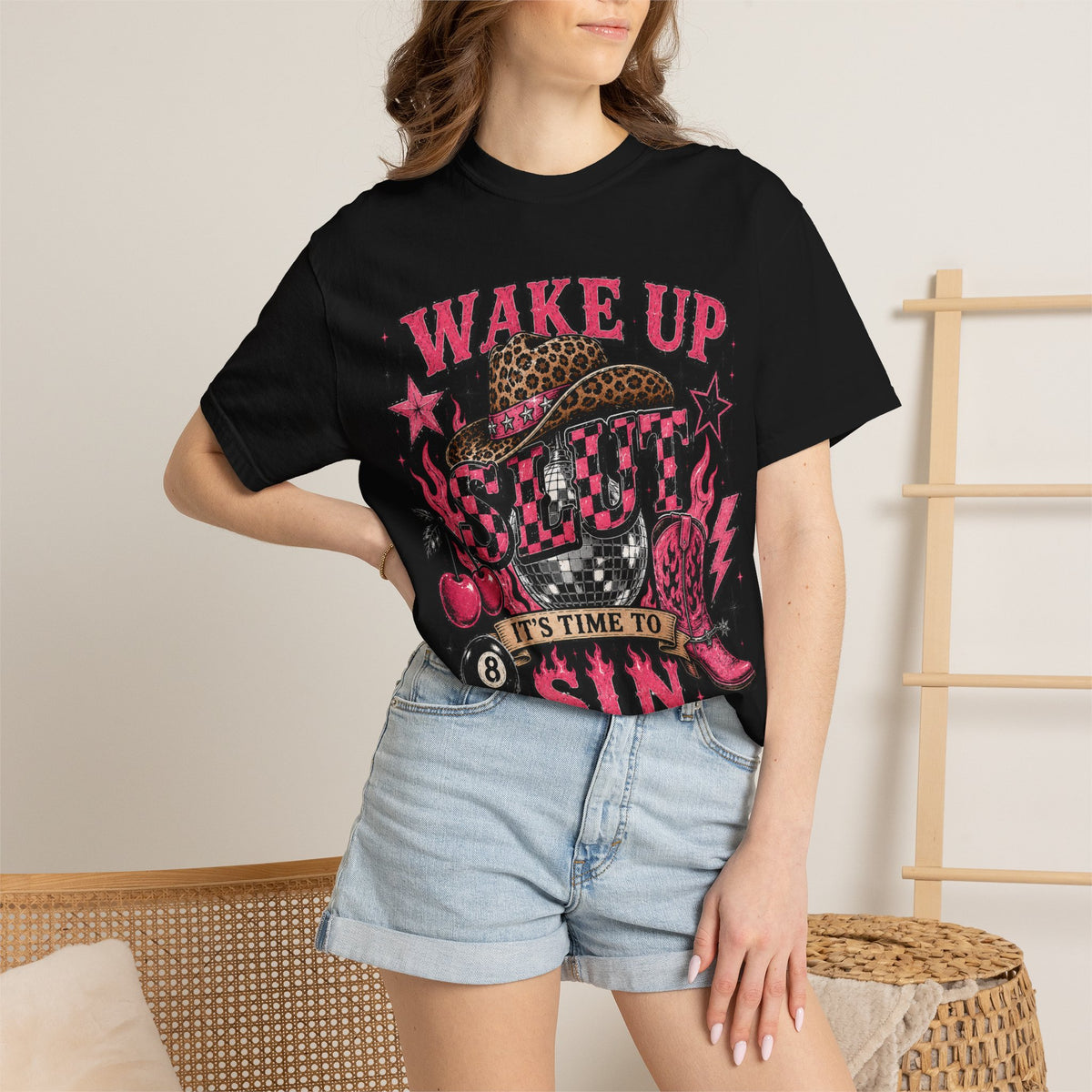 Wake Up Slut Graphic T-Shirt — 'It's Time to Sin' Retro Rockabilly Tee