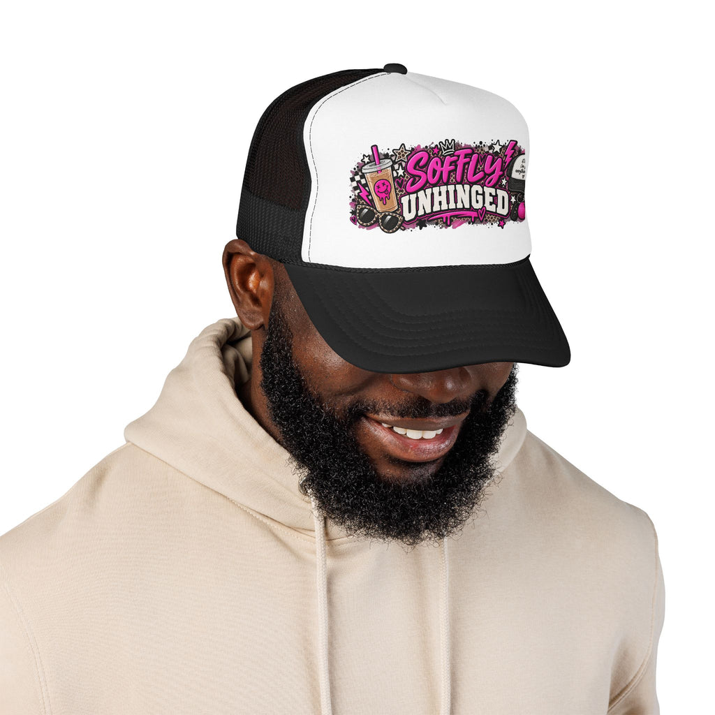 Softly Unhinged Trucker Hat – Edgy Pink Graphic Foam Cap