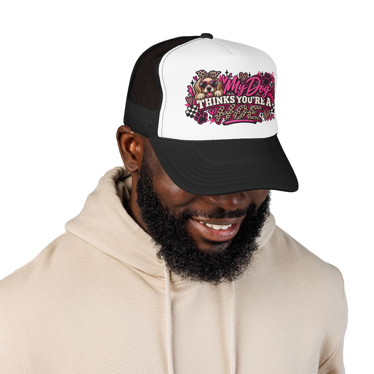 Dog Mom Trucker Hat – "My Dog Thinks You’re A" Pink Leopard Foam Cap