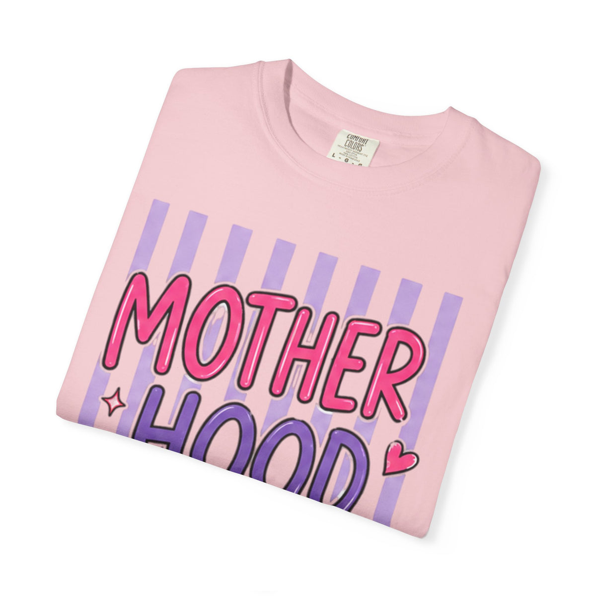 Motherhood Graphic T-Shirt — Cute Striped Mom Tee ("Mother Hood")