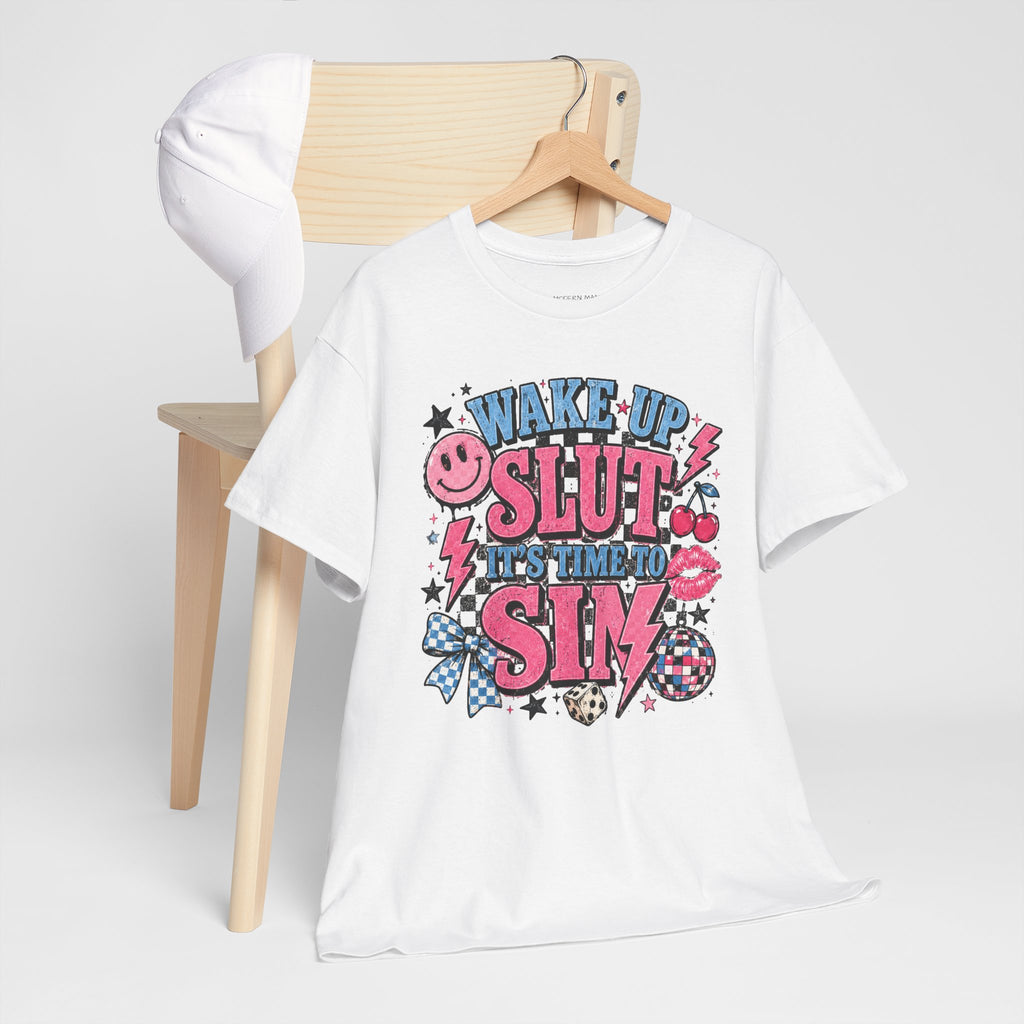 Graphic Tee — "Wake Up Slut, It's Time to Sin" Retro Pink Pop Design