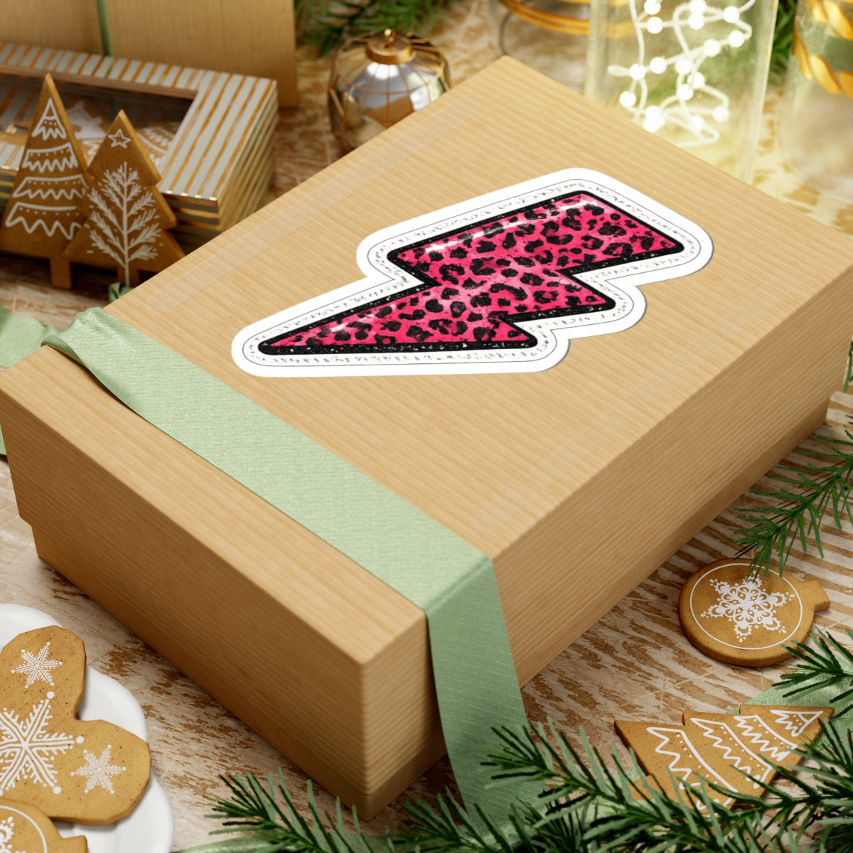 Pink Leopard Lightning Bolt Sticker — Kiss-Cut Vinyl Decal for Laptops & Water Bottles