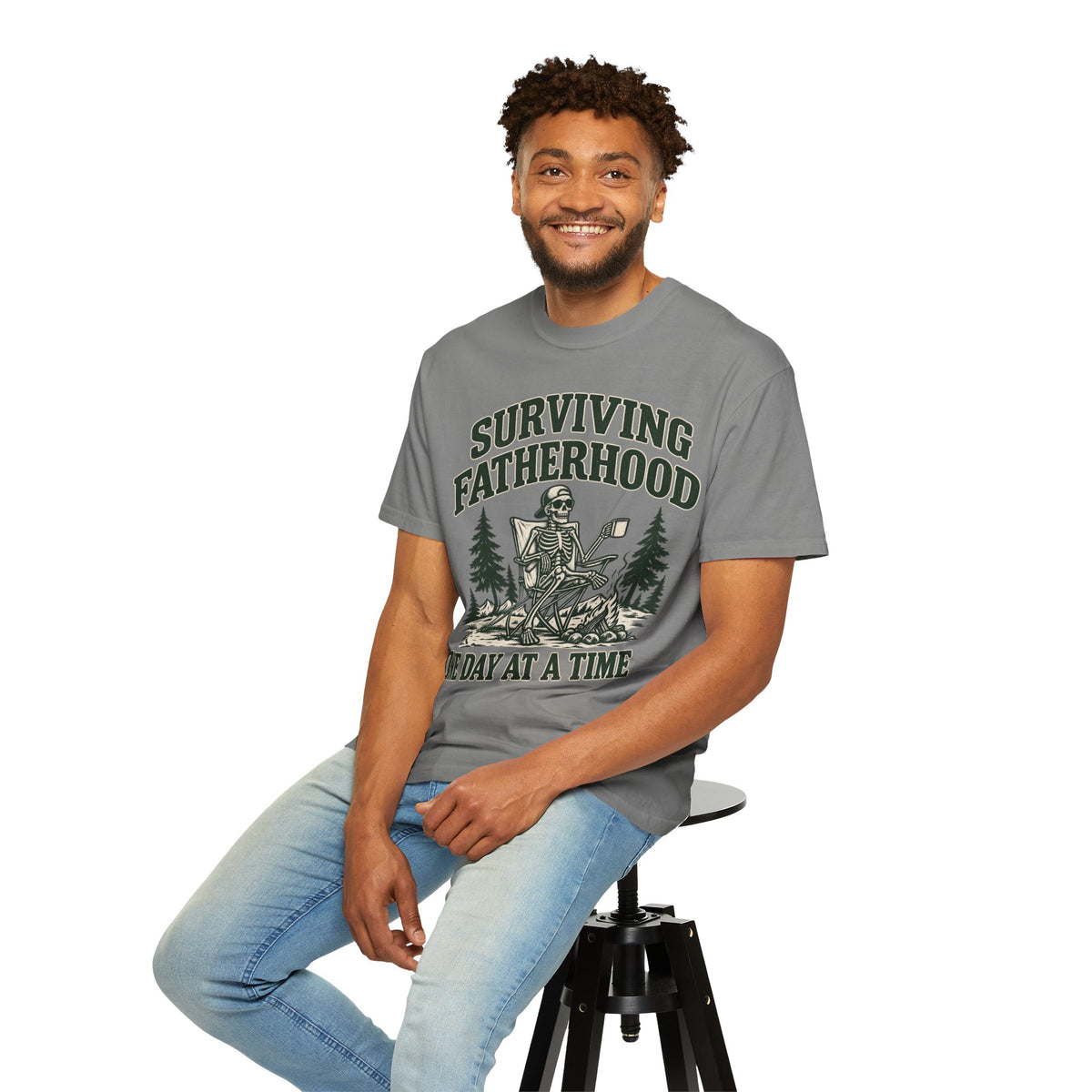 Surviving Fatherhood T-Shirt — 'One Day at a Time' Camping Dad Graphic Tee