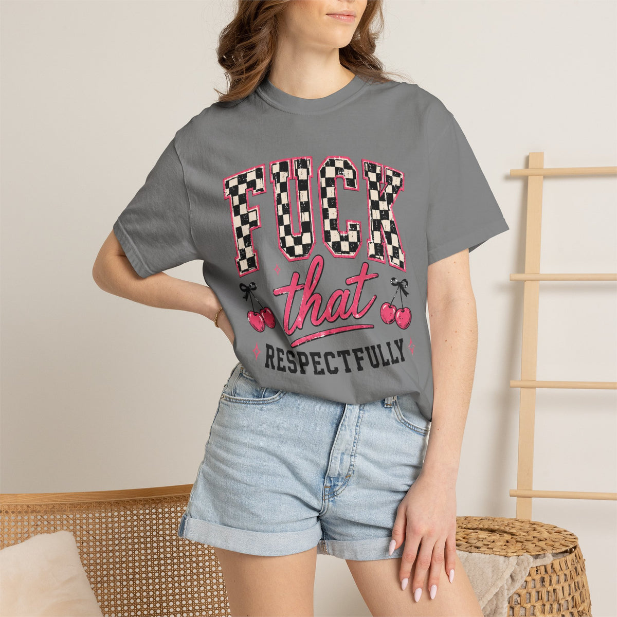 Graphic T-Shirt — "F*** That, Respectfully" Retro Checker Cherry Tee
