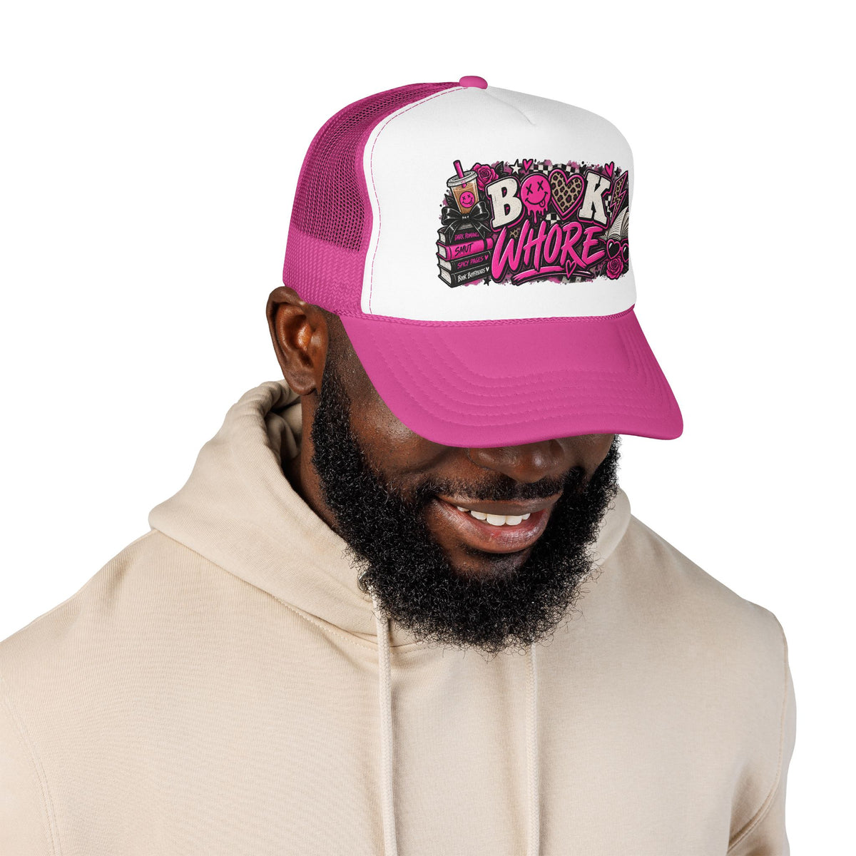 Book Whore Trucker Hat — Feminine Pink Book Lover Foam Mesh Cap