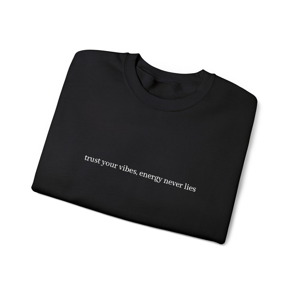 Minimalist Black Crewneck Sweatshirt with Tiny Center Text