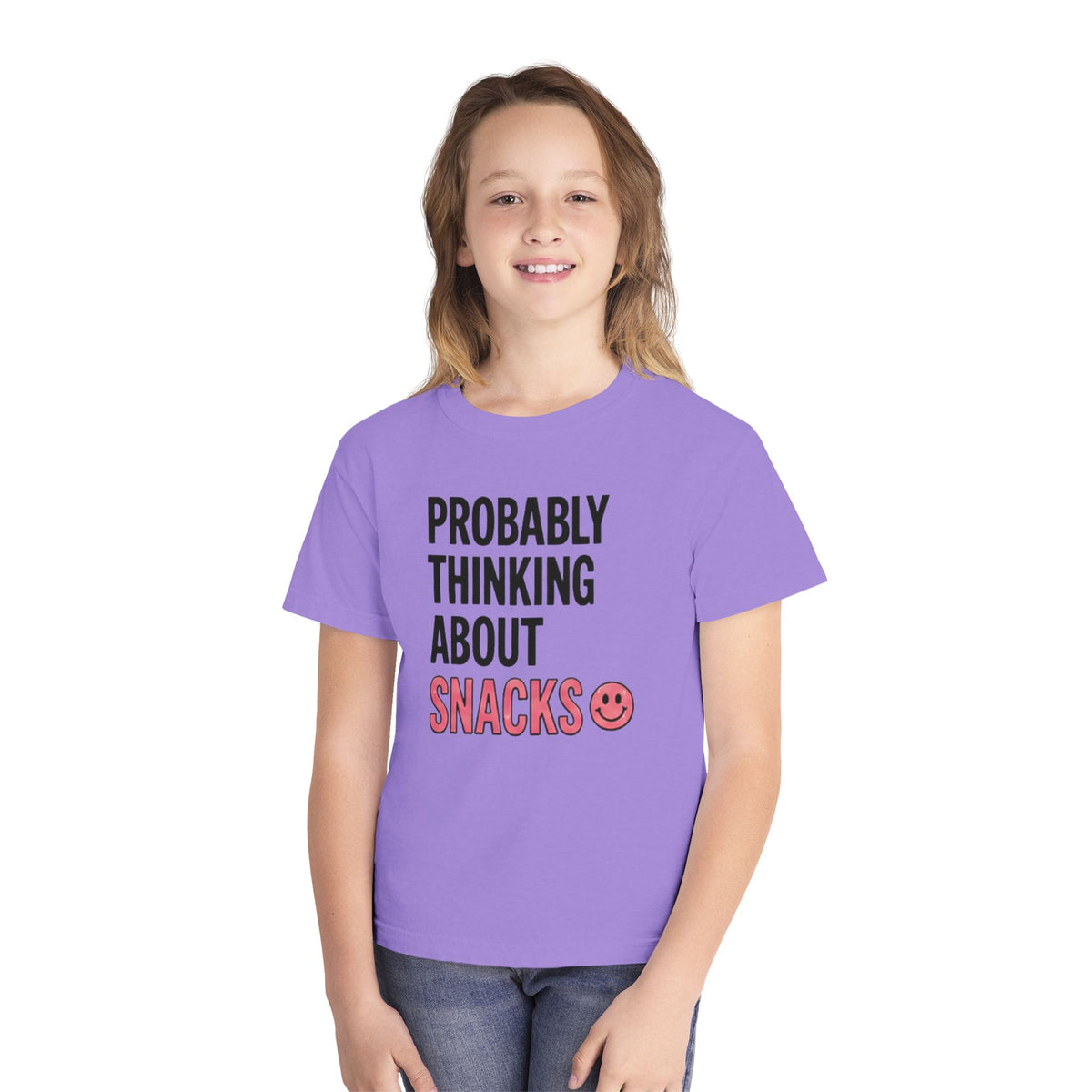 Youth Tee - "Probably Thinking About Snacks" Cute Smiley Graphic