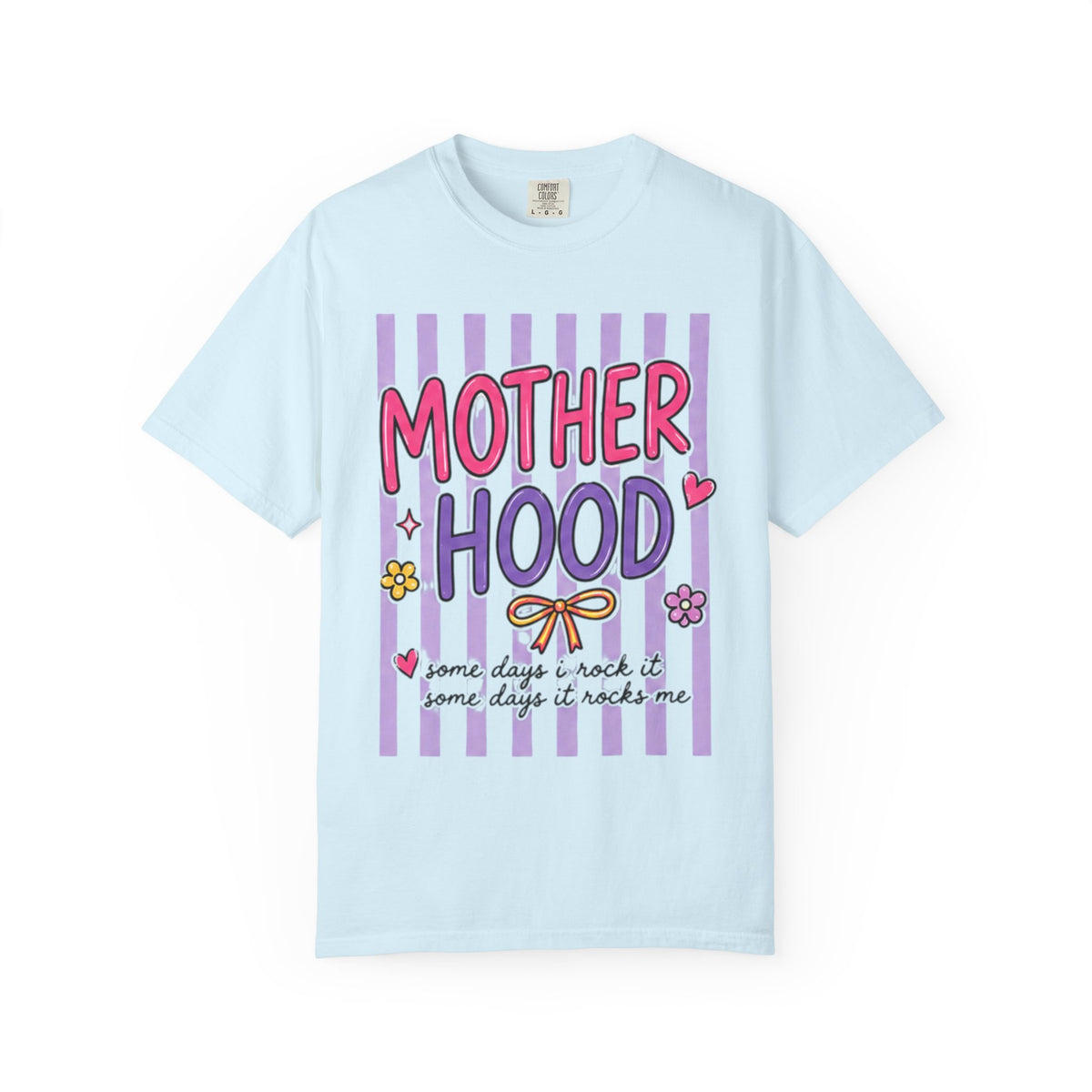 Motherhood Graphic T-Shirt — Cute Striped Mom Tee ("Mother Hood")