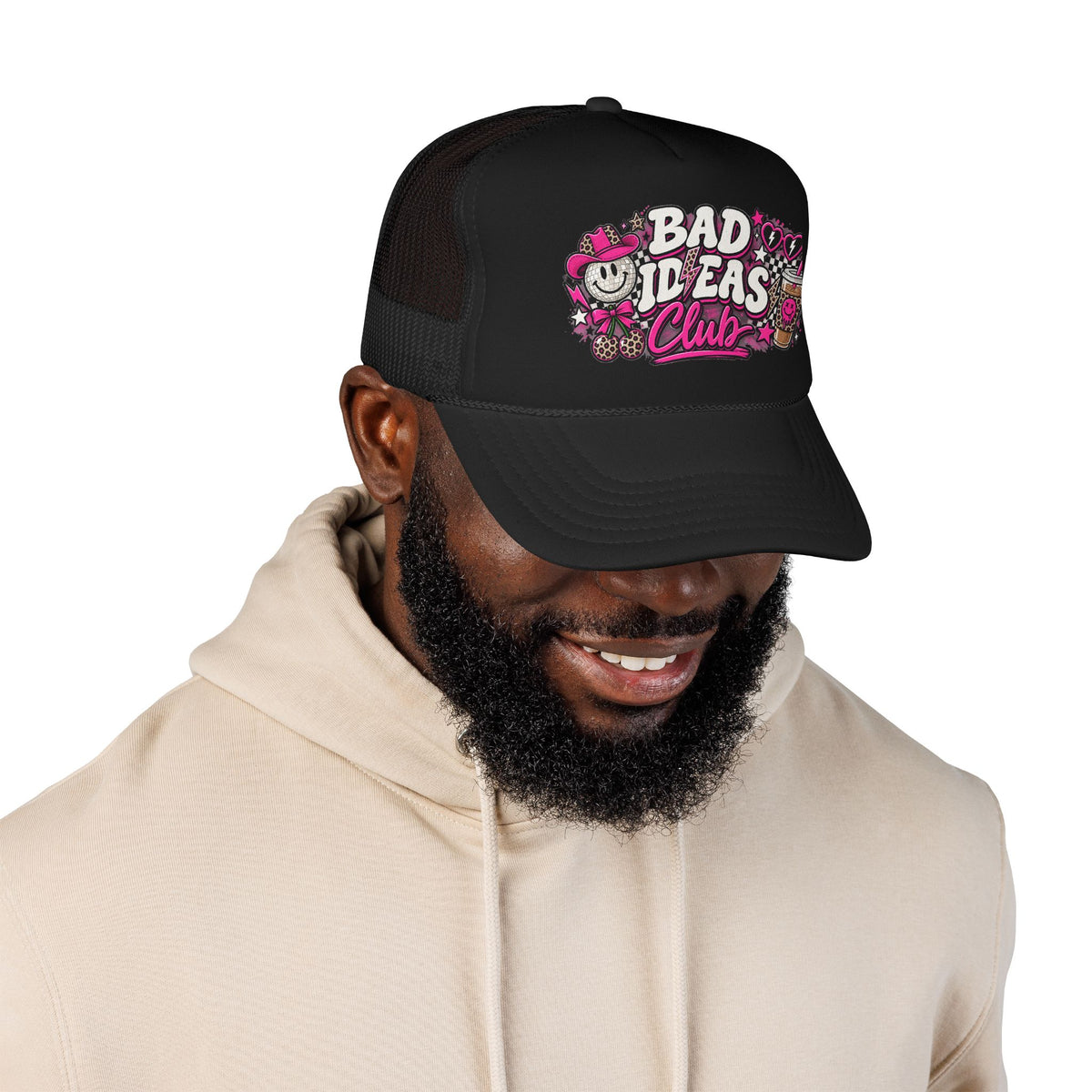Bad Ideas Club Trucker Hat – Retro Pink Graffiti Foam Cap
