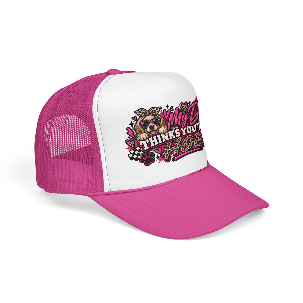 Dog Mom Trucker Hat – "My Dog Thinks You’re A" Pink Leopard Foam Cap