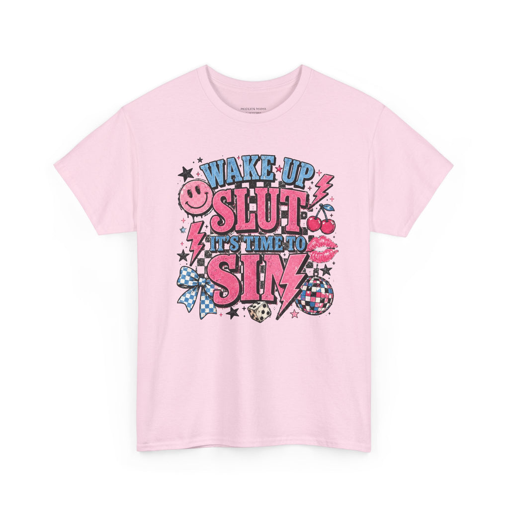 Graphic Tee — "Wake Up Slut, It's Time to Sin" Retro Pink Pop Design