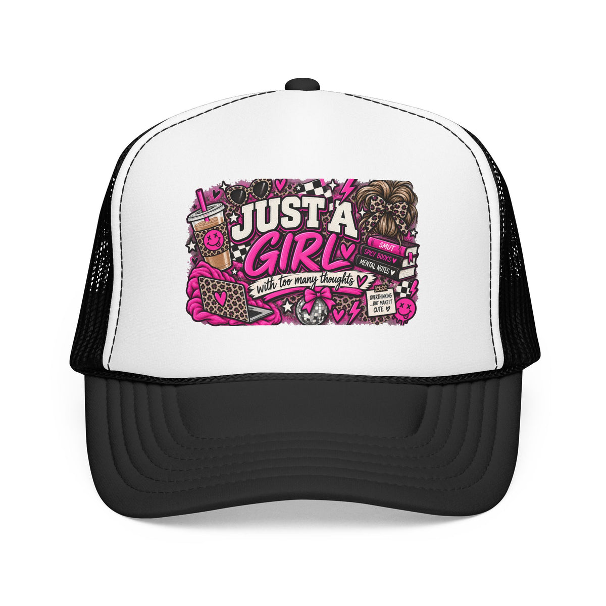 Just a Girl Foam Trucker Hat — Feminine Pink Retro Graphic Cap