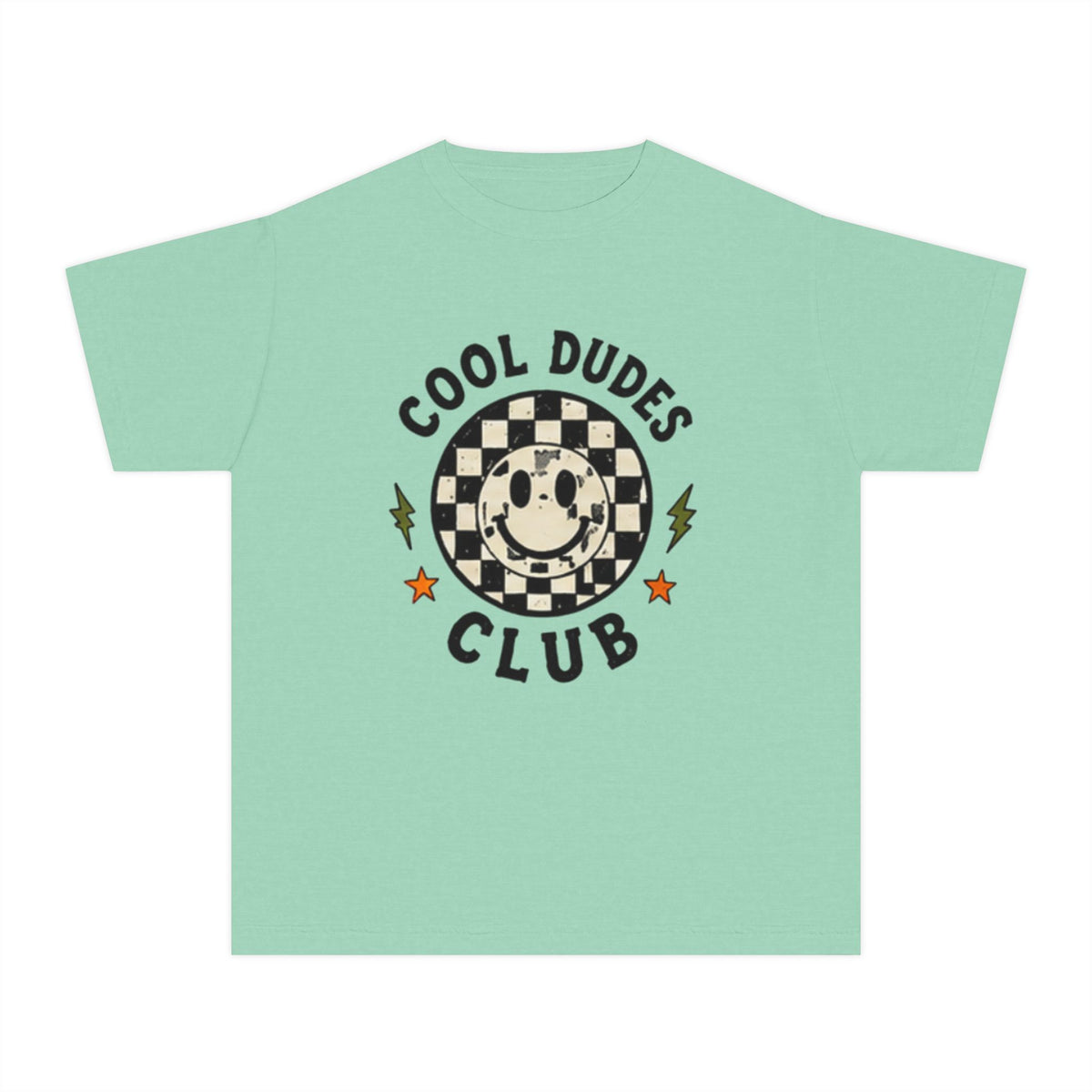 Cool Dudes Club Youth Tee — Retro Skateboard Smiley Checkered Graphic