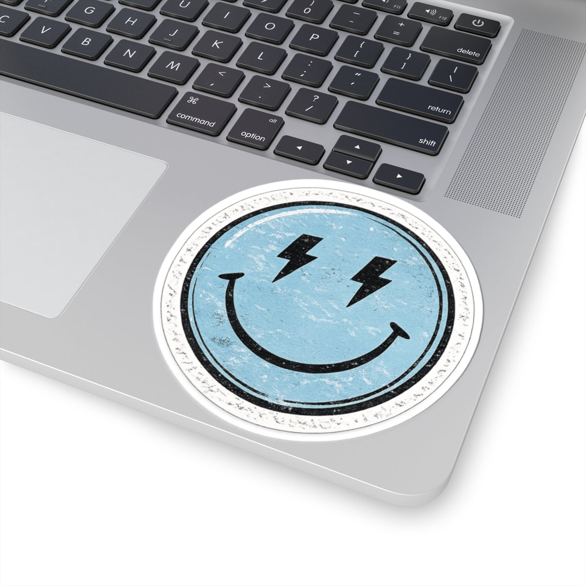 Smiley Lightning Kiss-Cut Sticker — Retro Distressed Blue Smiley Face Decal for Laptops & Water Bottles