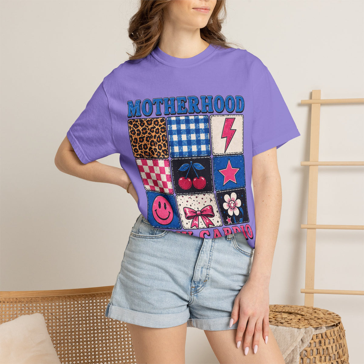 Motherhood Is My Cardio T-Shirt — Cute Patchwork Mom Graphic Tee