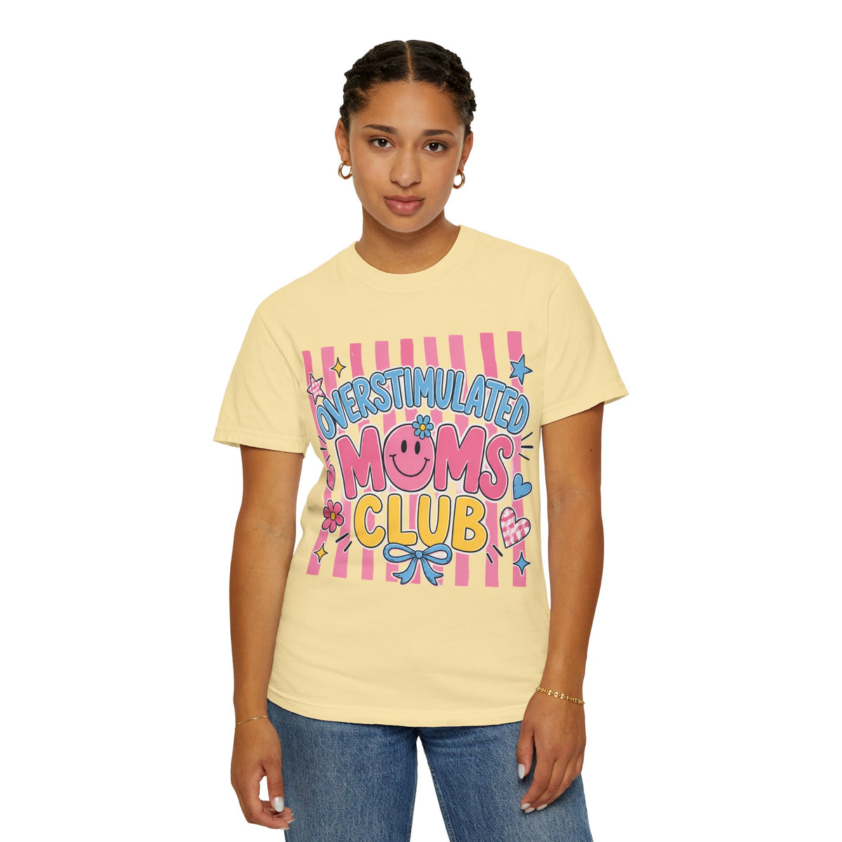 Overstimulated Moms Club T-Shirt — Cute Retro Pink Graphic Tee for Tired Moms