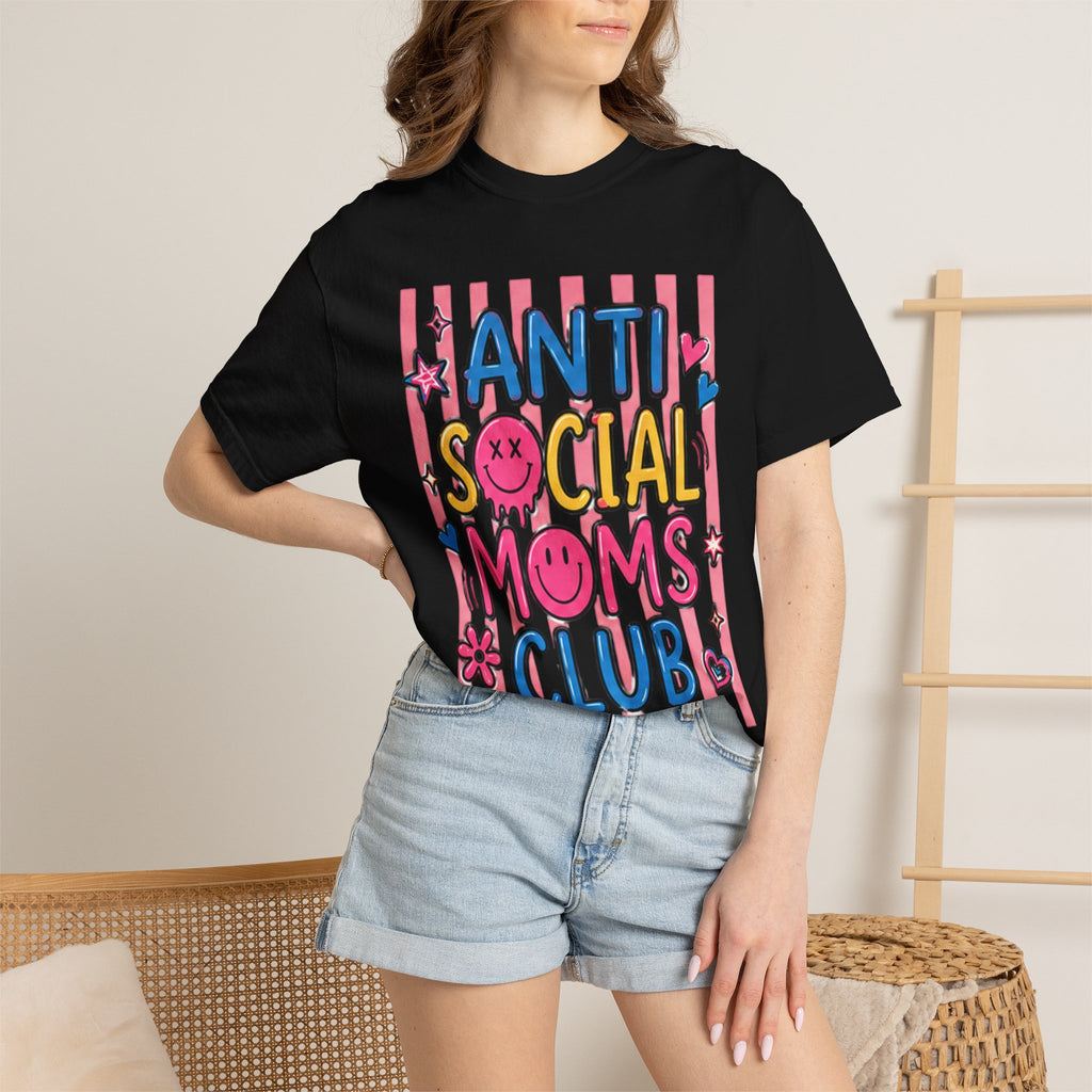 Anti Social Moms Club T-Shirt — Cute Pink Striped Graphic Tee for Introverted Moms