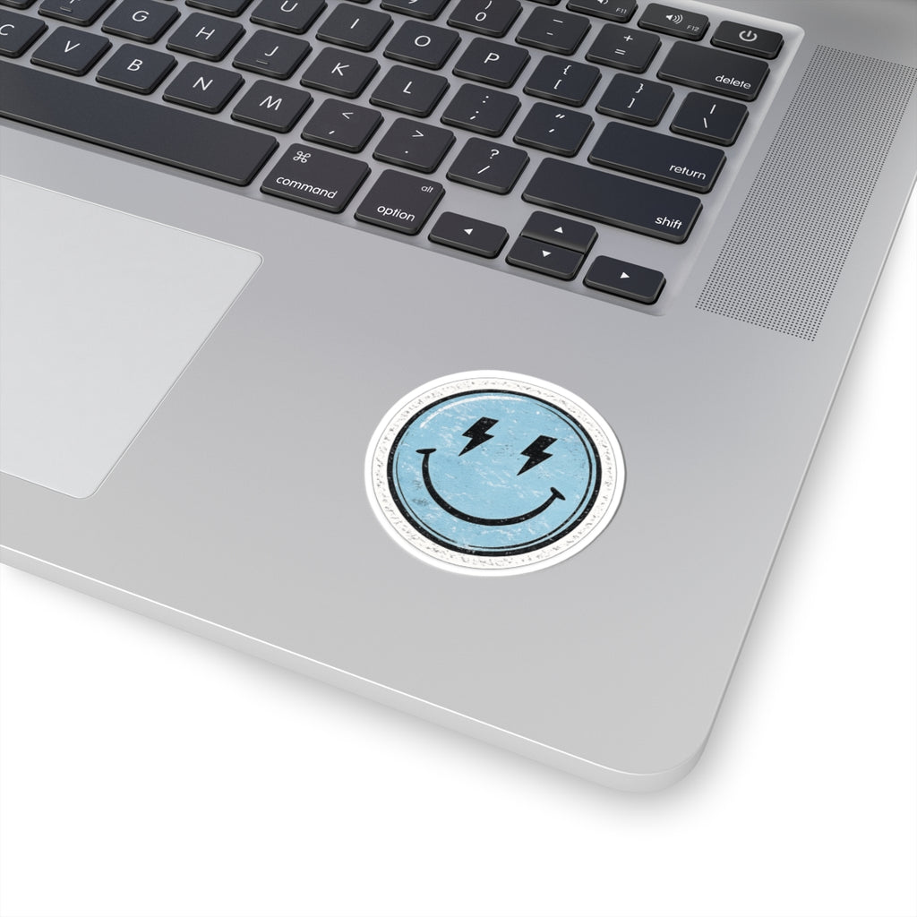 Smiley Lightning Kiss-Cut Sticker — Retro Distressed Blue Smiley Face Decal for Laptops & Water Bottles