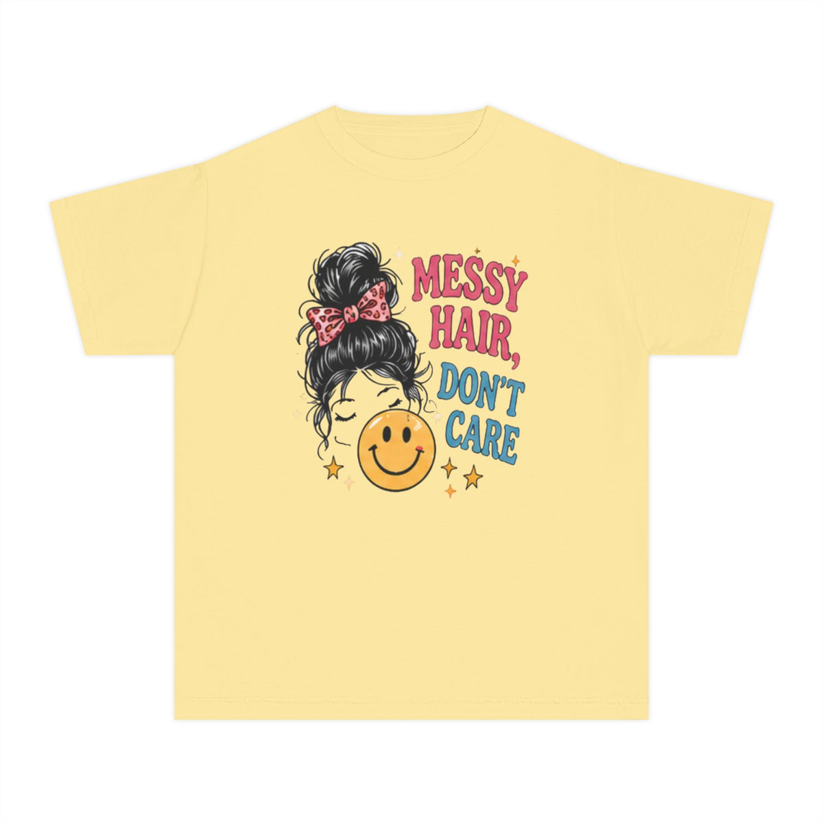 Youth Tee - "Messy Hair, Don’t Care" Smiley Graphic