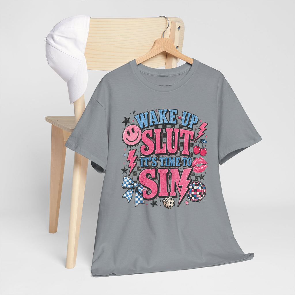 Graphic Tee — "Wake Up Slut, It's Time to Sin" Retro Pink Pop Design