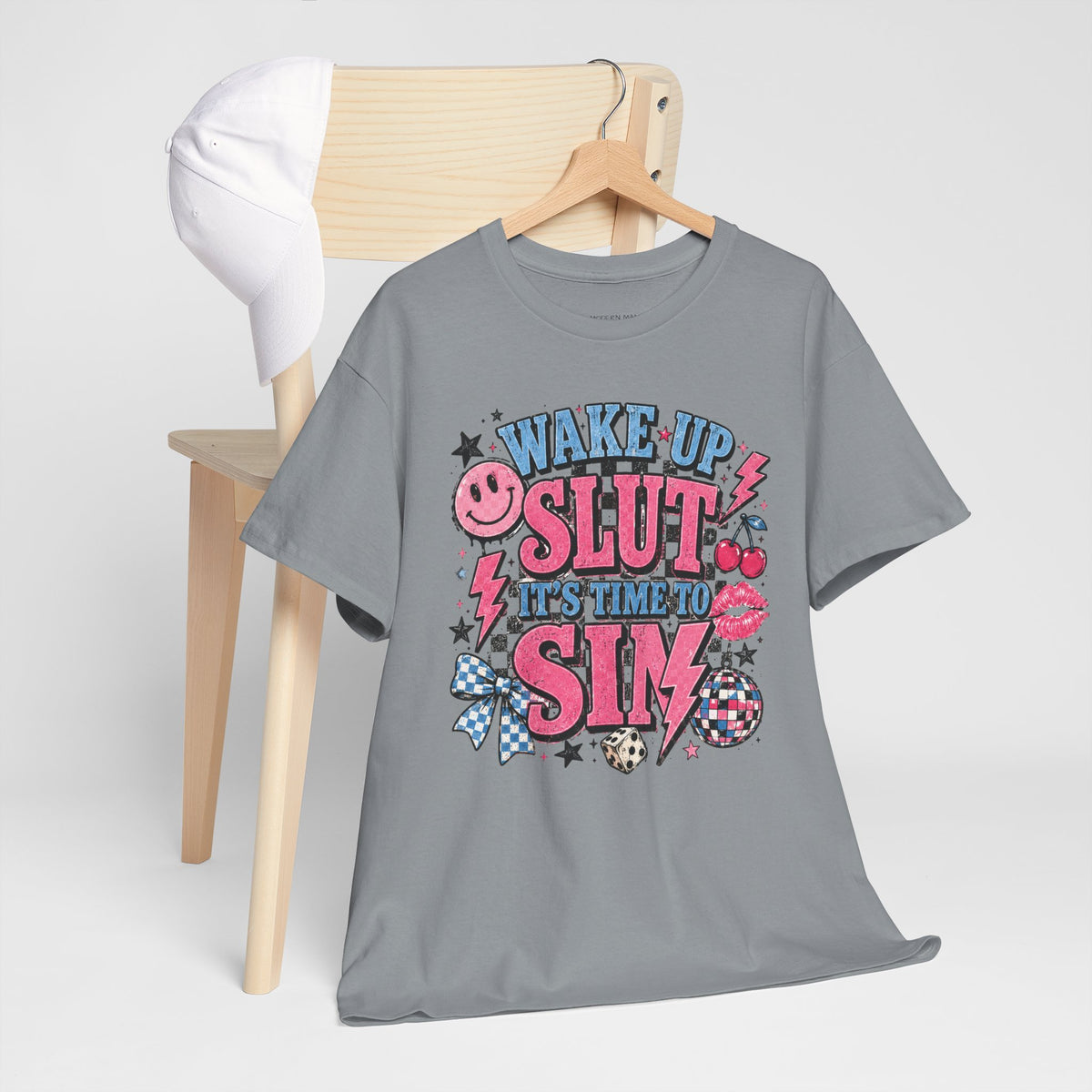 Graphic Tee — "Wake Up Slut, It's Time to Sin" Retro Pink Pop Design