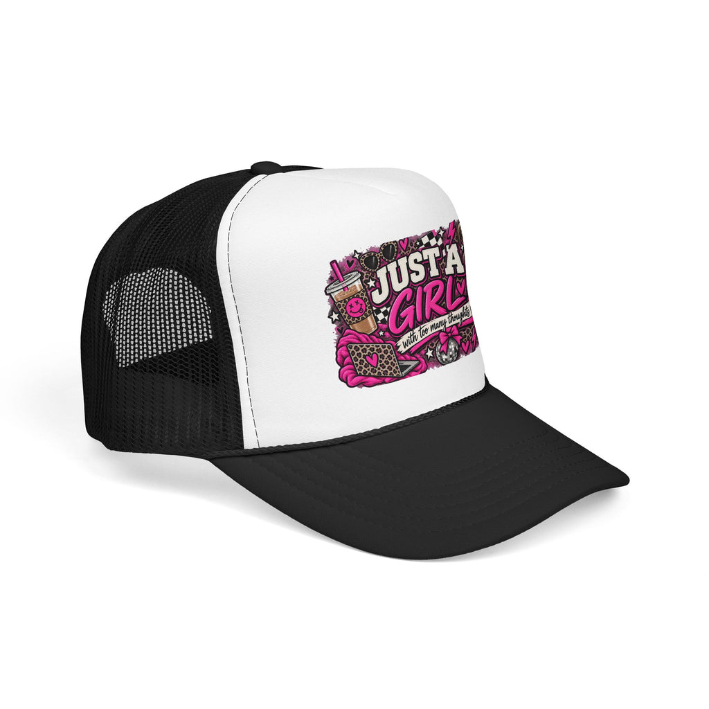 Just a Girl Foam Trucker Hat — Feminine Pink Retro Graphic Cap
