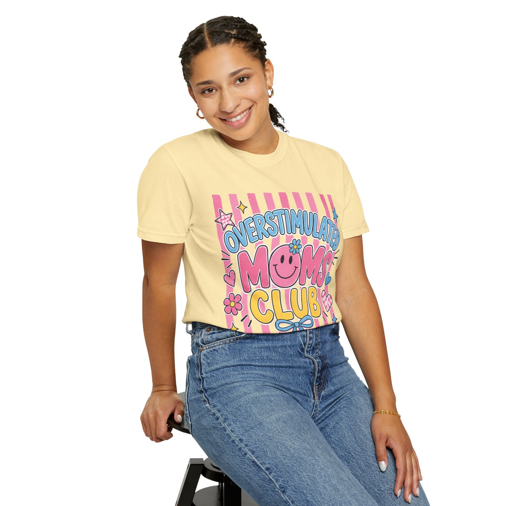 Overstimulated Moms Club T-Shirt — Cute Retro Pink Graphic Tee for Tired Moms