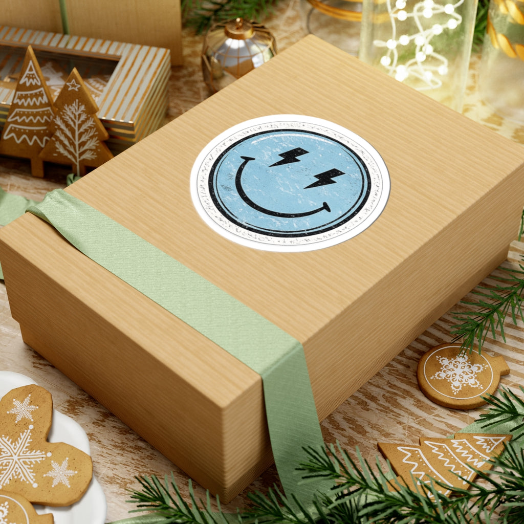 Smiley Lightning Kiss-Cut Sticker — Retro Distressed Blue Smiley Face Decal for Laptops & Water Bottles