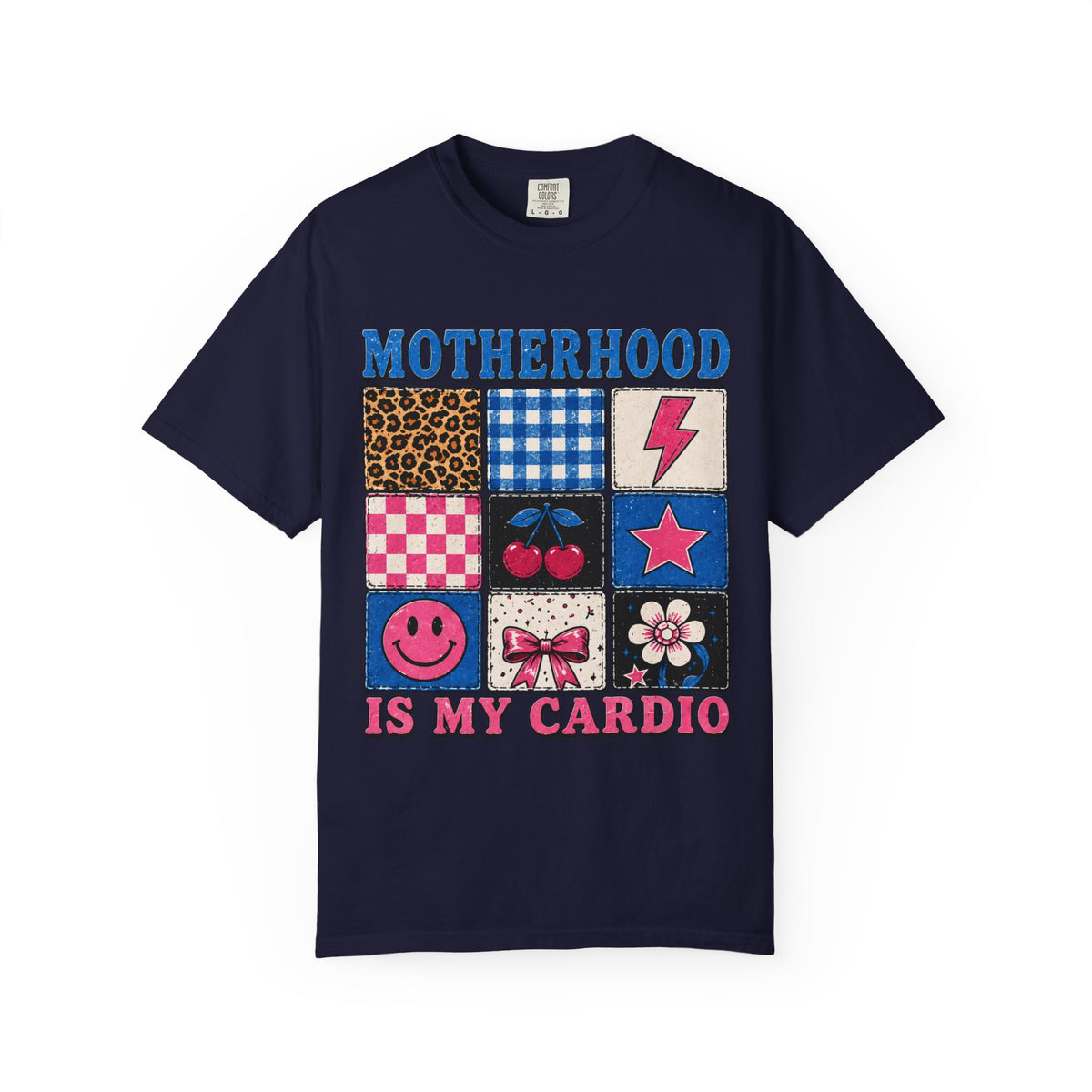 Motherhood Is My Cardio T-Shirt — Cute Patchwork Mom Graphic Tee