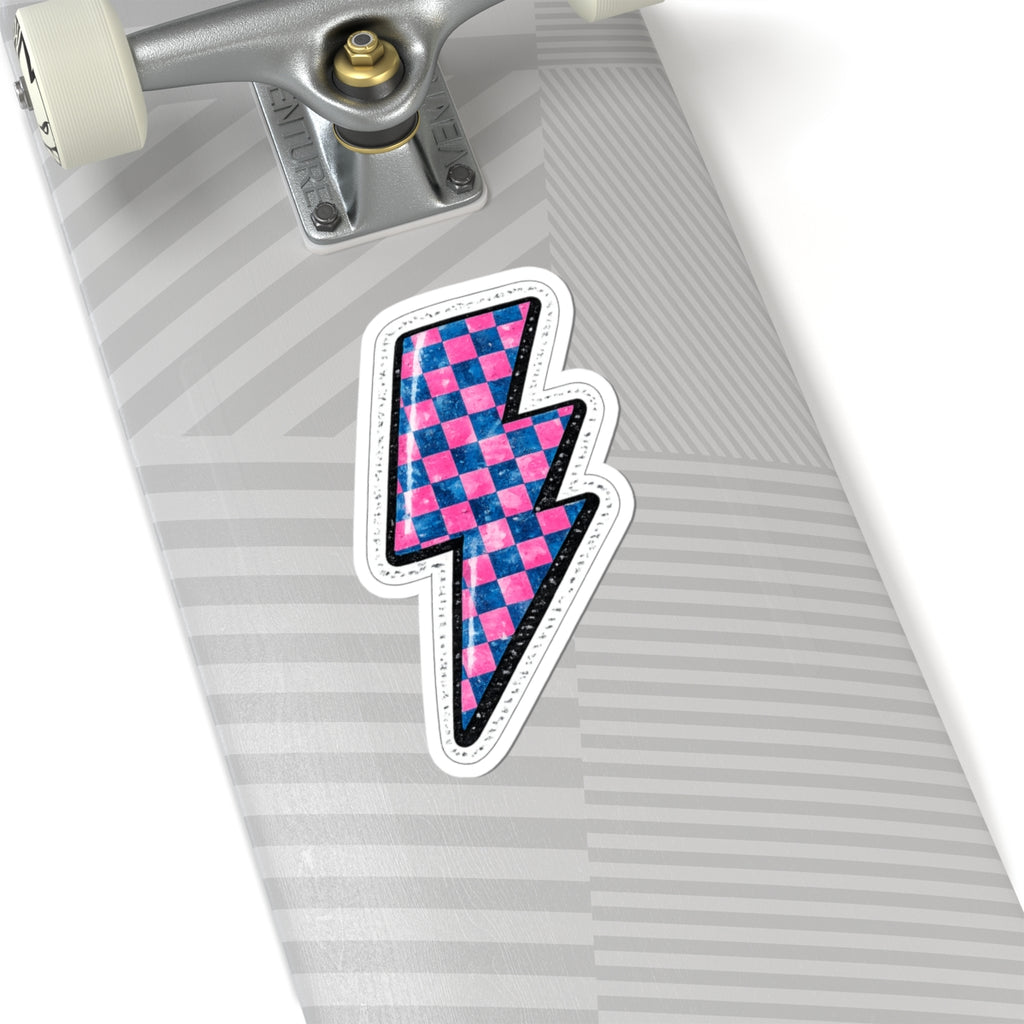 Pink & Blue Checkered Lightning Bolt Sticker — Retro Skate Aesthetic Kiss-Cut Sticker
