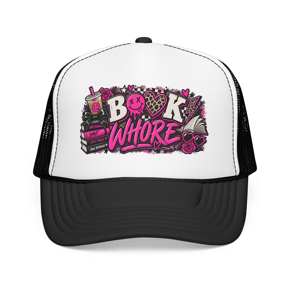 Book Whore Trucker Hat — Feminine Pink Book Lover Foam Mesh Cap