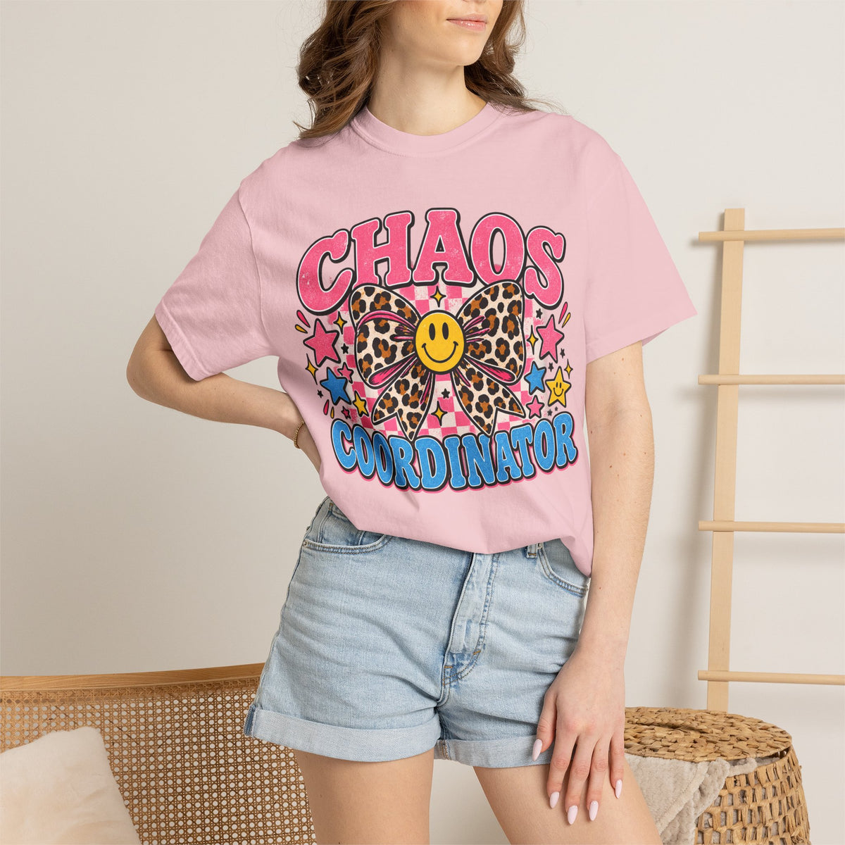 Chaos Coordinator T-Shirt — Cute Leopard Bow Smile Graphic Tee