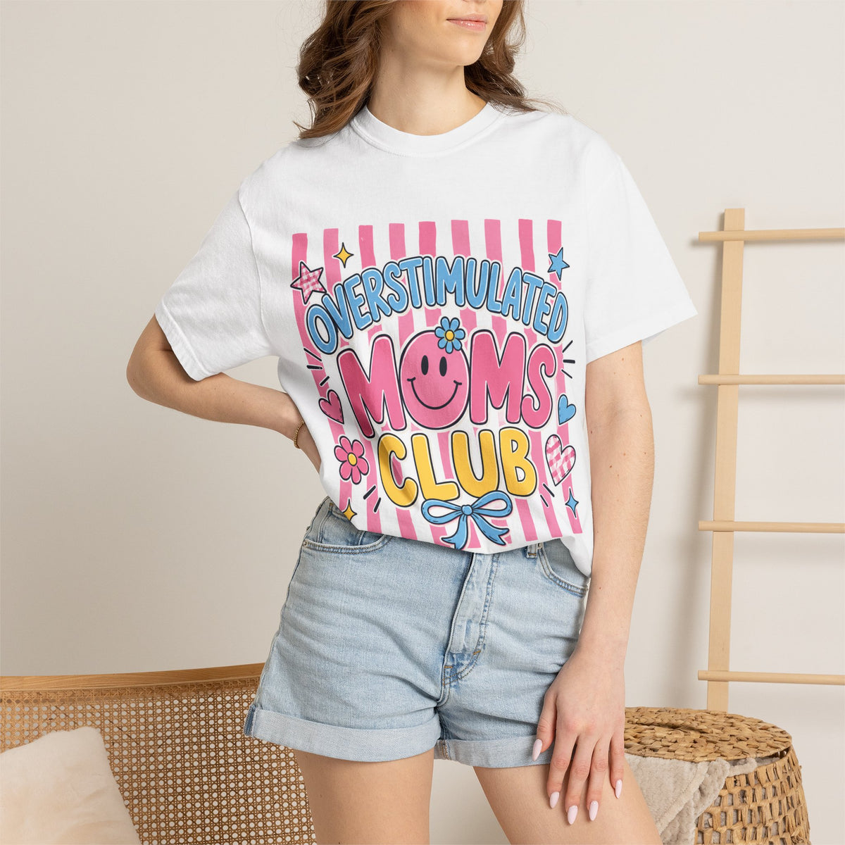 Overstimulated Moms Club T-Shirt — Cute Retro Pink Graphic Tee for Tired Moms