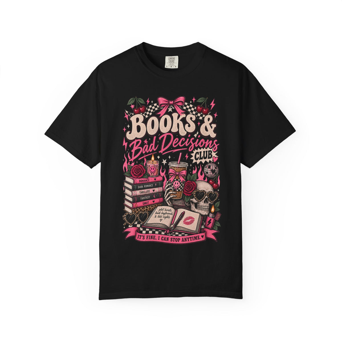 Books & Bad Decisions Club T-Shirt — Gothic Book Lover Shirt with Skull, Candles & Witchy Pink Design