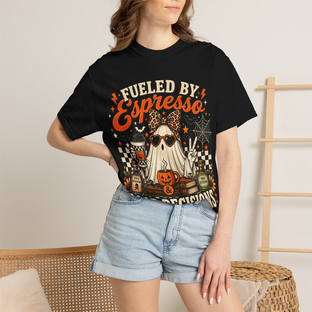 Halloween Coffee T-Shirt — "Fueled by Espresso, Poor Decisions" Ghost Design