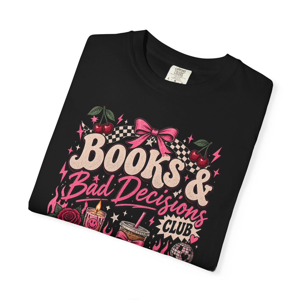 Books & Bad Decisions Club T-Shirt — Gothic Book Lover Shirt with Skull, Candles & Witchy Pink Design