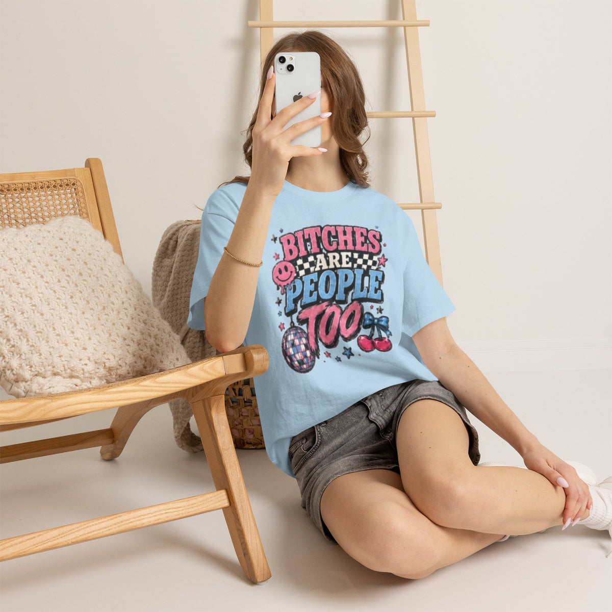 Graphic Tee — "Bitches Are People Too" Retro Pink & Blue