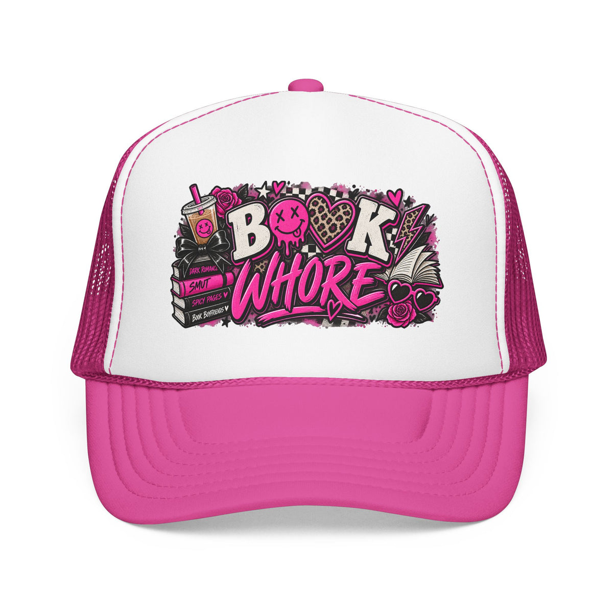 Book Whore Trucker Hat — Feminine Pink Book Lover Foam Mesh Cap