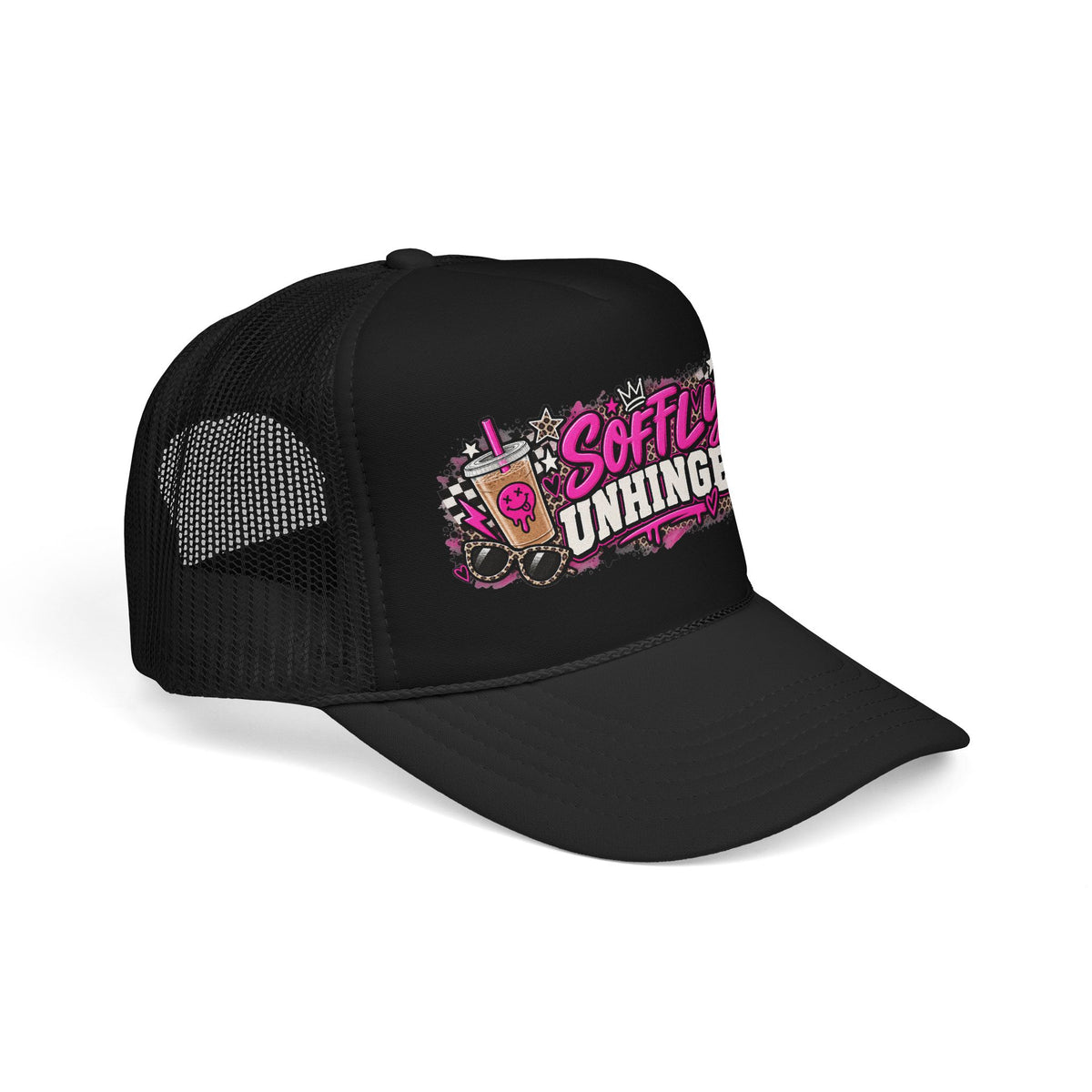 Softly Unhinged Trucker Hat – Edgy Pink Graphic Foam Cap