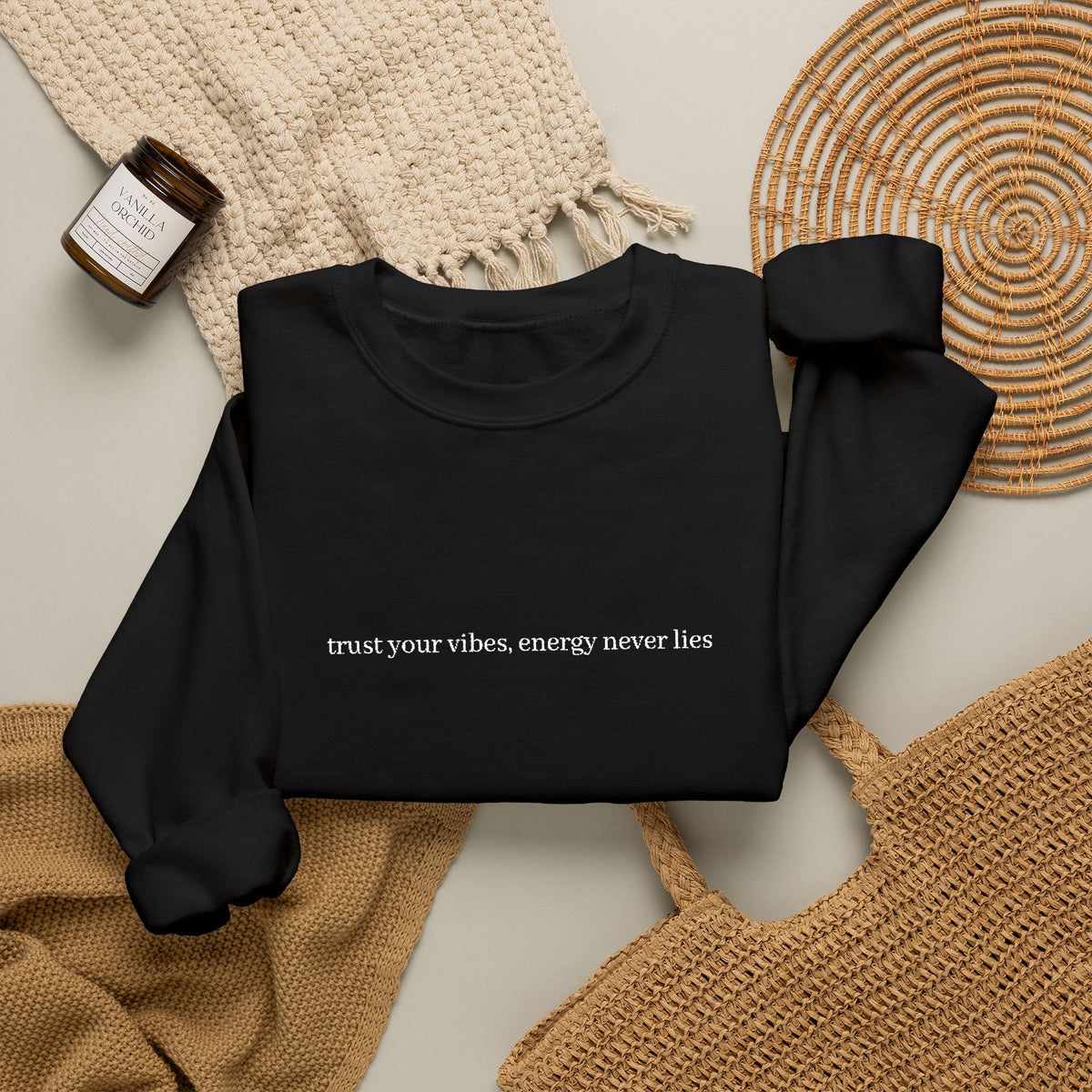 Minimalist Black Crewneck Sweatshirt with Tiny Center Text