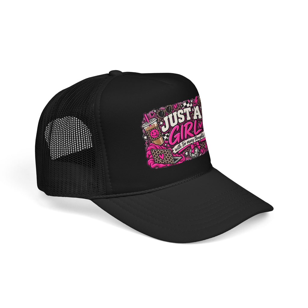 Just a Girl Foam Trucker Hat — Feminine Pink Retro Graphic Cap