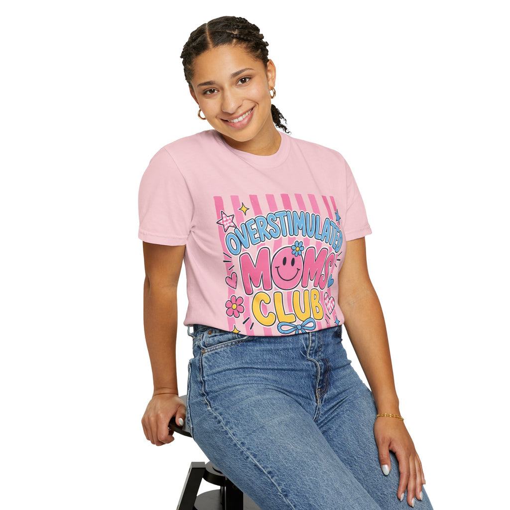 Overstimulated Moms Club T-Shirt — Cute Retro Pink Graphic Tee for Tired Moms