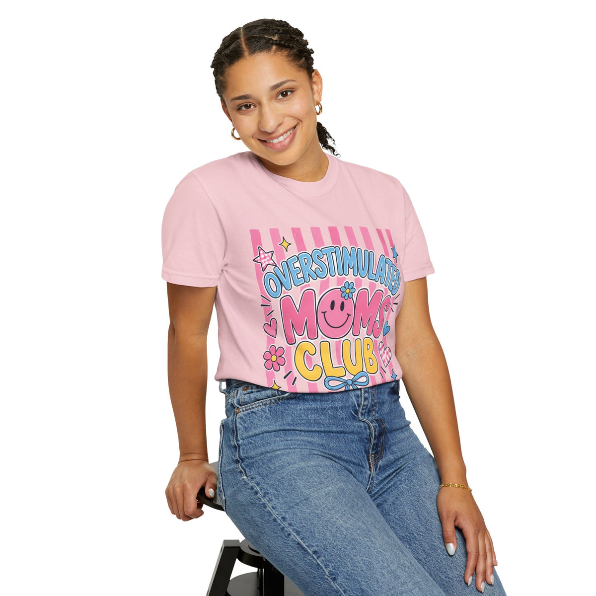 Overstimulated Moms Club T-Shirt — Cute Retro Pink Graphic Tee for Tired Moms