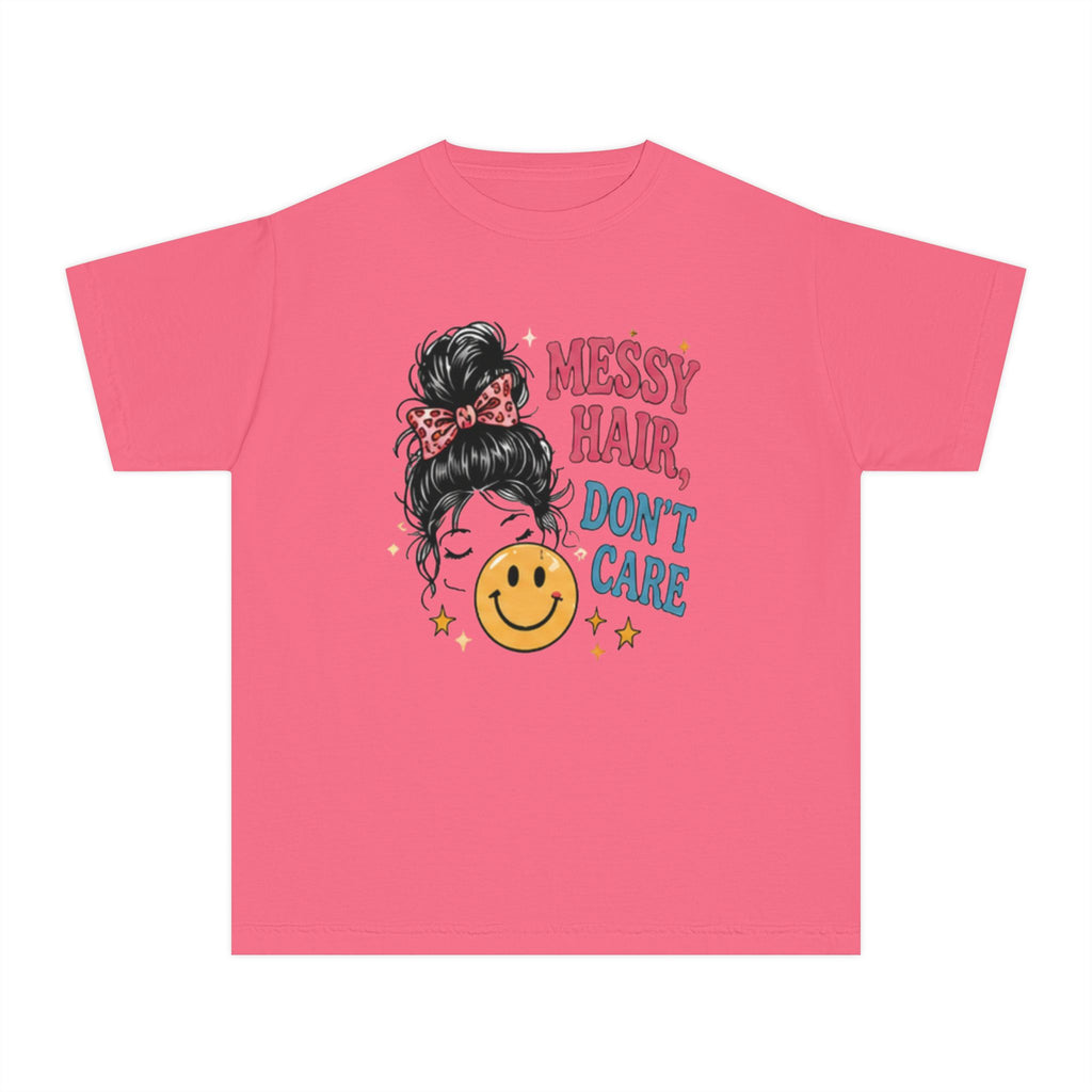 Youth Tee - "Messy Hair, Don’t Care" Smiley Graphic