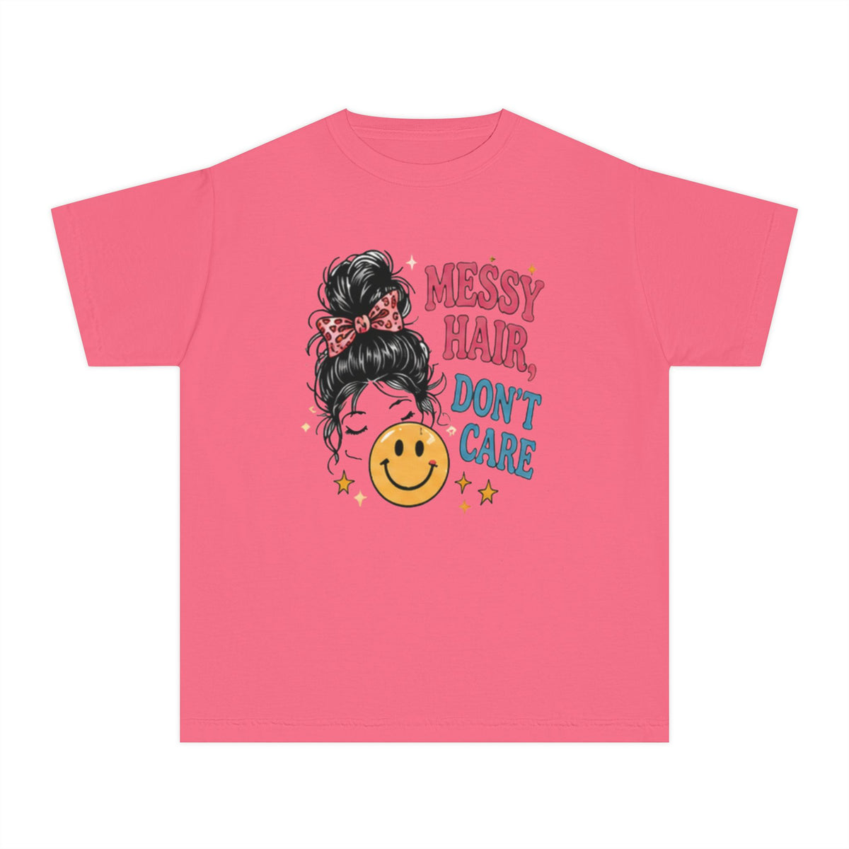 Youth Tee - "Messy Hair, Don’t Care" Smiley Graphic